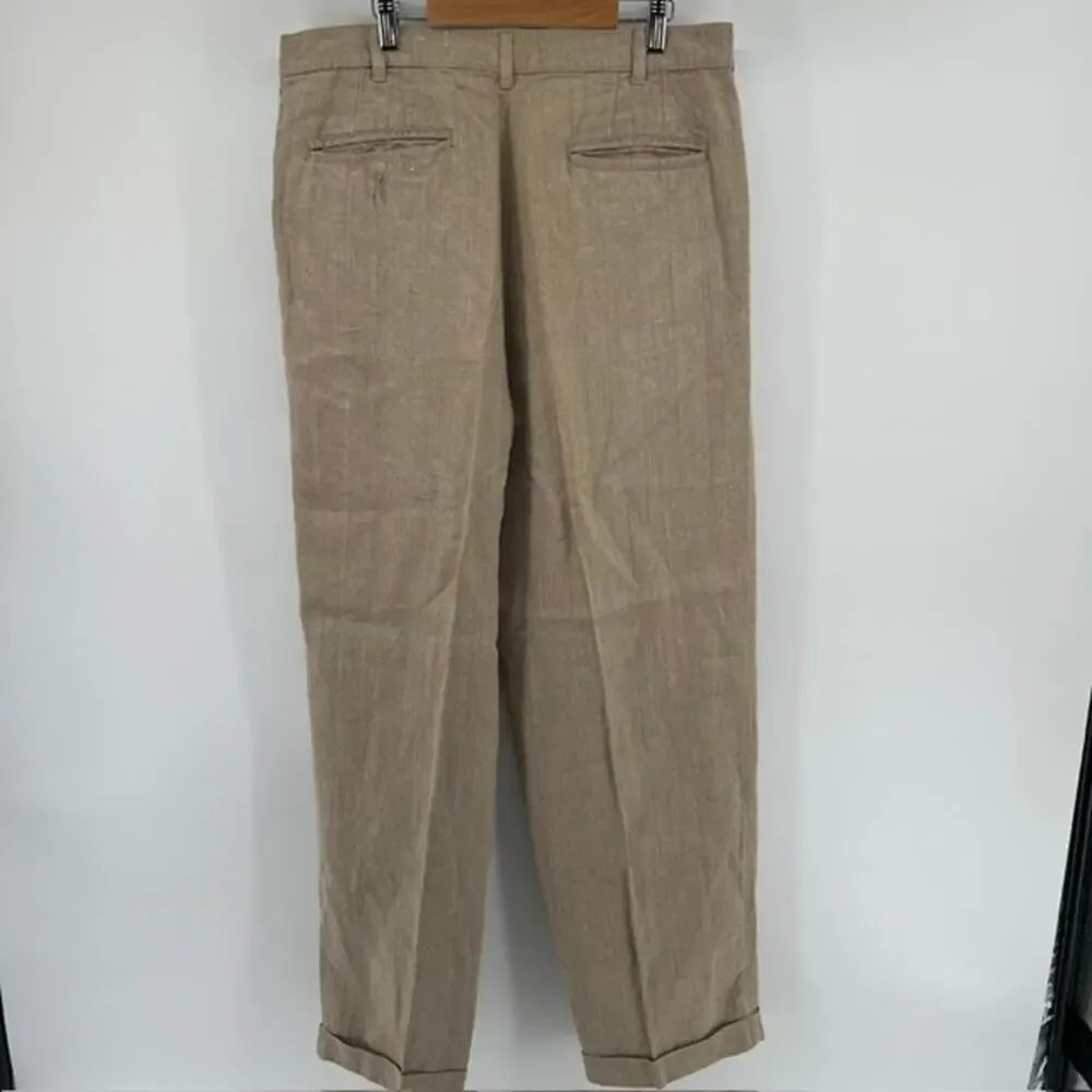 CHAPS Ralph Lauren 100% Linen Chino Pants Mens 33x30 Cuffed Tan PreppyBreathable